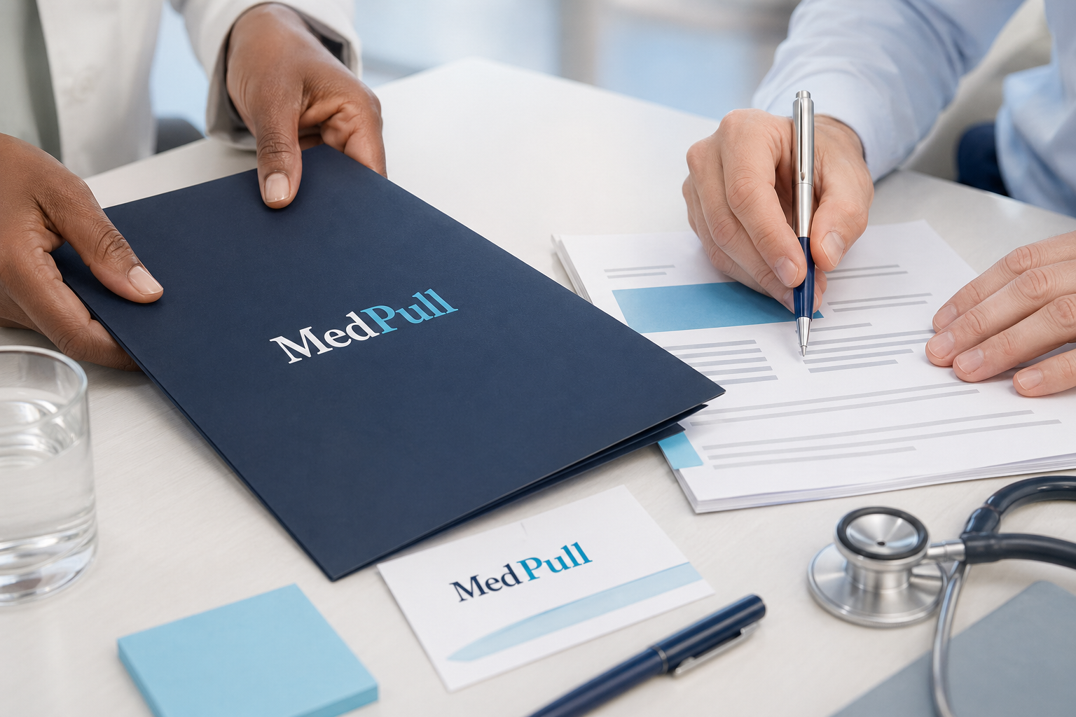 Diverse healthcare hands reviewing patient-friendly campaign material with MedPull branded folder