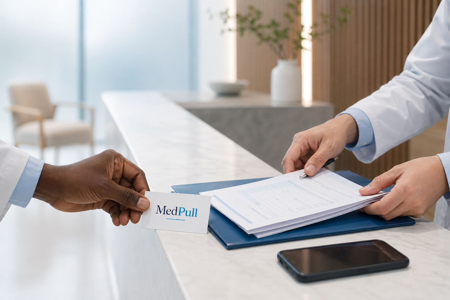 Diverse healthcare hands at a modern clinic reception with MedPull branded card and patient paperwork